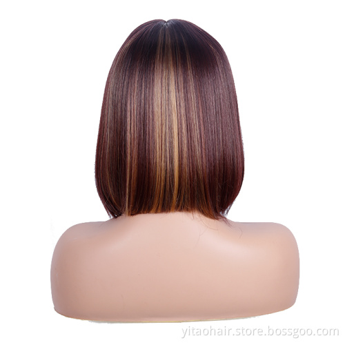 Wholesale Brown Bob Wigs for Women Highlights Blonde Straight Hair Short Bob Wig with Bangs Heat Resistant Synthetic
